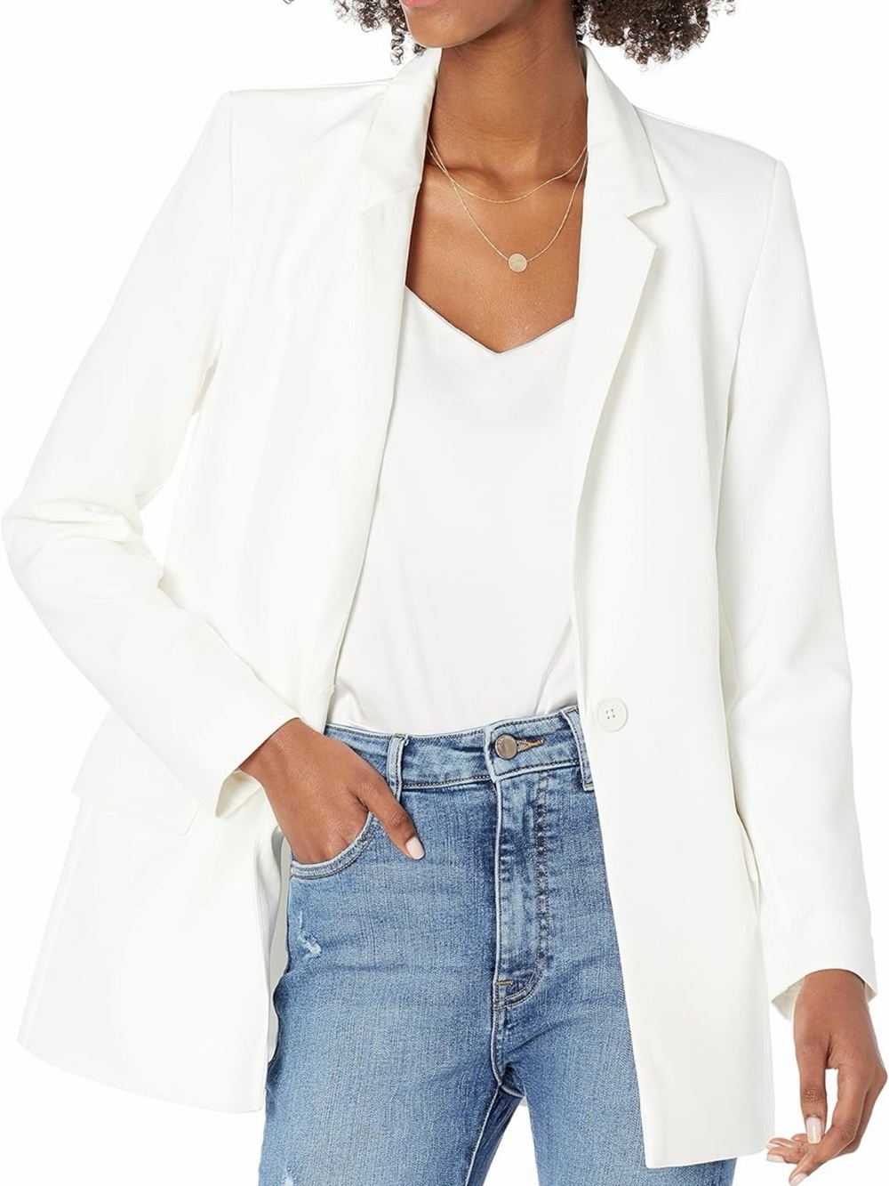 The Drop Women's White long Single-Button Blazer Jacket